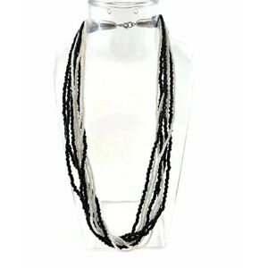 Cluster Layered Black and White Tiny Seed Bead Multi Strand Necklace 17" Long